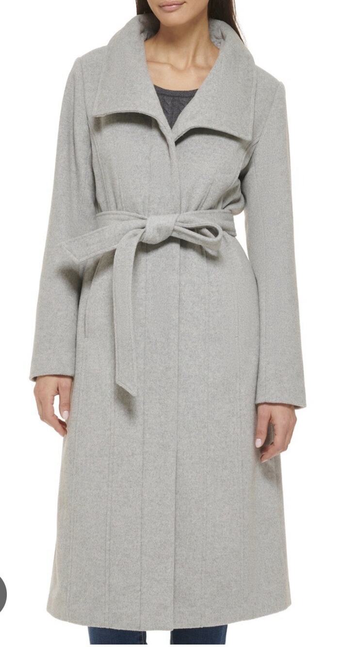 Cole Haan Signature Wool Blend Wrap Belted Coat, Gray, Size 10 Modern Classic